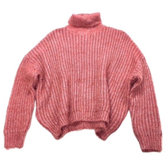 BERSHKA Turtleneck Chunky Oversized Ribbed Textured Sweater in Coral Pink - Picture 7 of 7